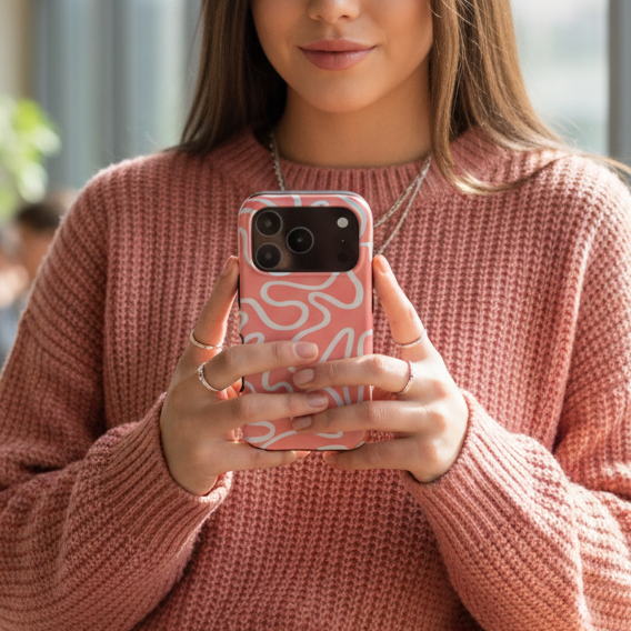 Woman in a pink sweater holding a phone with a tough pink case featuring white abstract line art — a stylish, durable design for extra protection