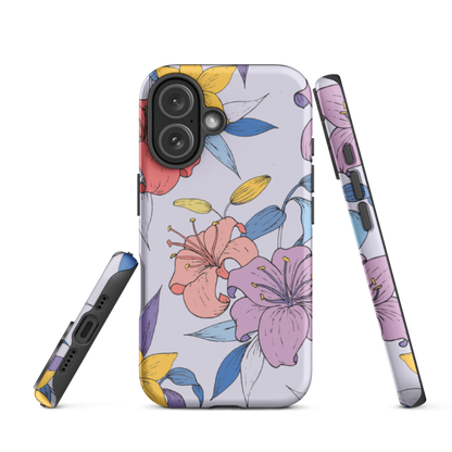Protective Purple Flowers Tough Case showing glossy wraparound print and dual layer shell with TPU liner and hard printed cover