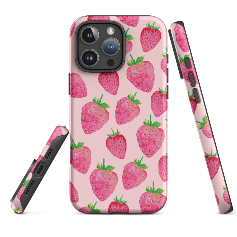 iPhone 15 Phone case with strawberry pattern on a pink background with full wraparound print and dual layer protective shell 