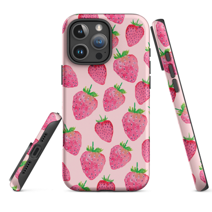 iPhone 15 Phone case with strawberry pattern on a pink background with full wraparound print and dual layer protective shell 