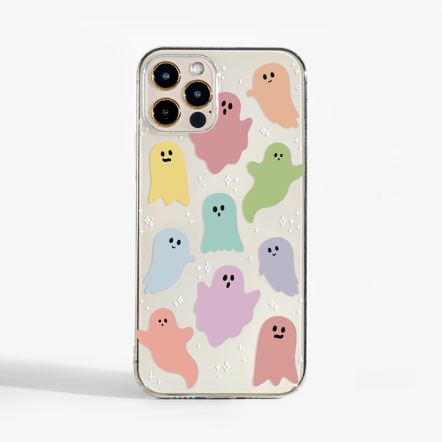 Clear rainbow ghosts phone case with playful pastel ghost design — a fun, stylish phone case for iPhone, Samsung, and Google Pixel