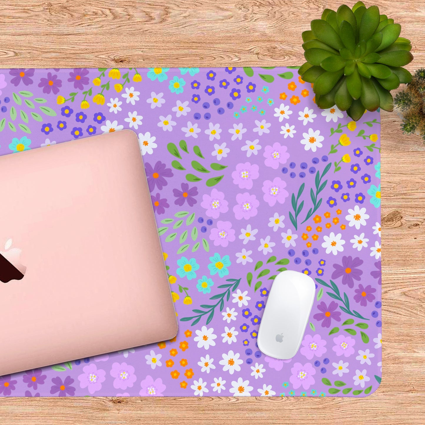 Small Purple Flowers Desk Mat — a cute floral desk mat with soft lilac tones and delicate hand-drawn blooms.