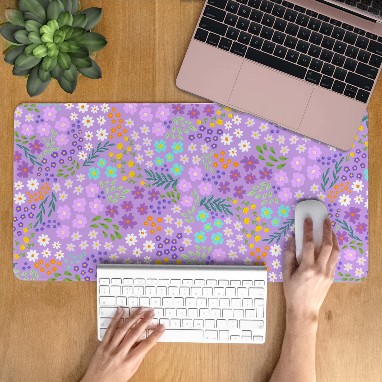 Small Purple Flowers Desk Mat featuring a smooth fabric surface and non-slip base for comfort and style.