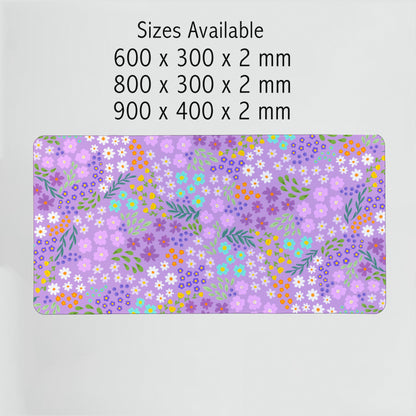  Small Purple Flowers Desk Mat shown in all available sizes — pretty, practical, and made to fit any desk setup