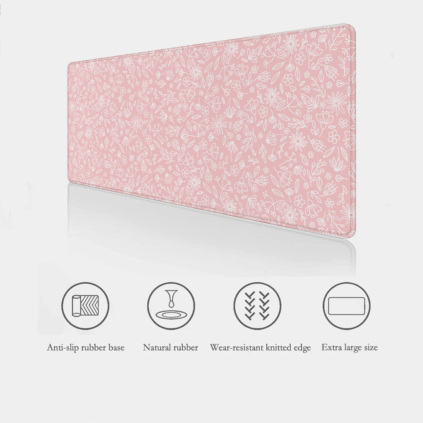  pink floral desk mat showing key features such as anti-slip rubber base, waterproof surface, stitched edges and extra large sizes.