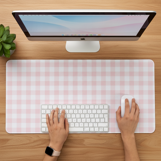Pink plaid desk mat for a cosy and aesthetic desk setup