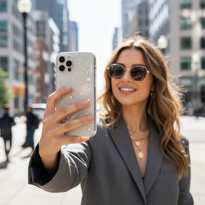 Woman taking a selfie holding a phone with a Clear star phone case 