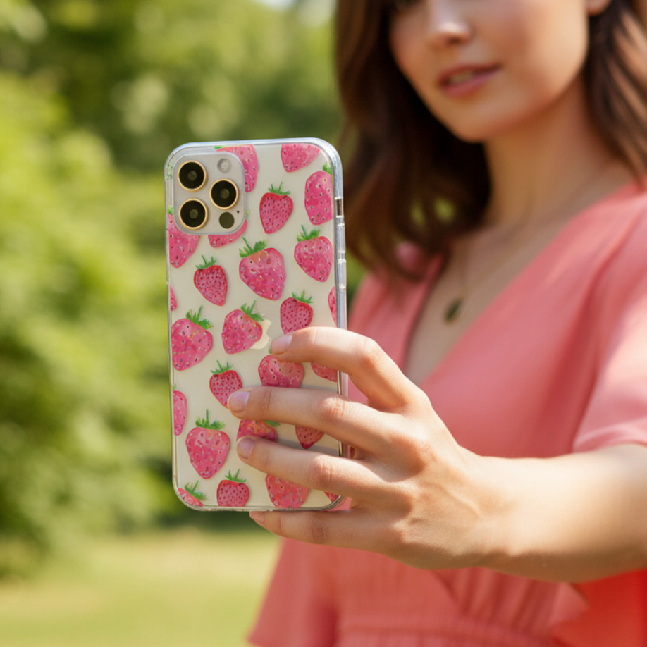 Woman holding a phone with a strawberry phone case showing everyday use