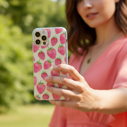 Woman holding a phone with a strawberry phone case showing everyday use