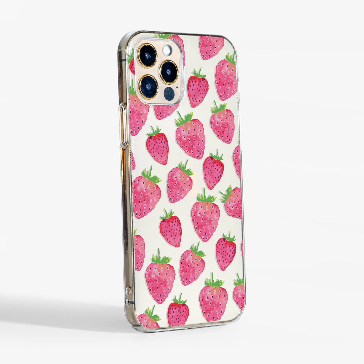 Side view showing slim transparent sides and soft matte print of the Strawberries Case — cute, durable, and lightweight