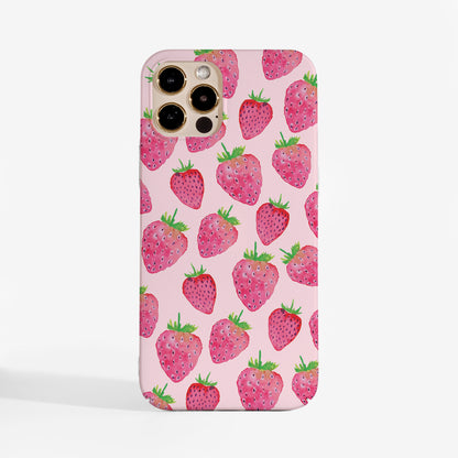 Pretty Pink Strawberry phone case with watercolour fruit artwork on a soft pink background— a stylish, protective case for iPhone and Samsung models