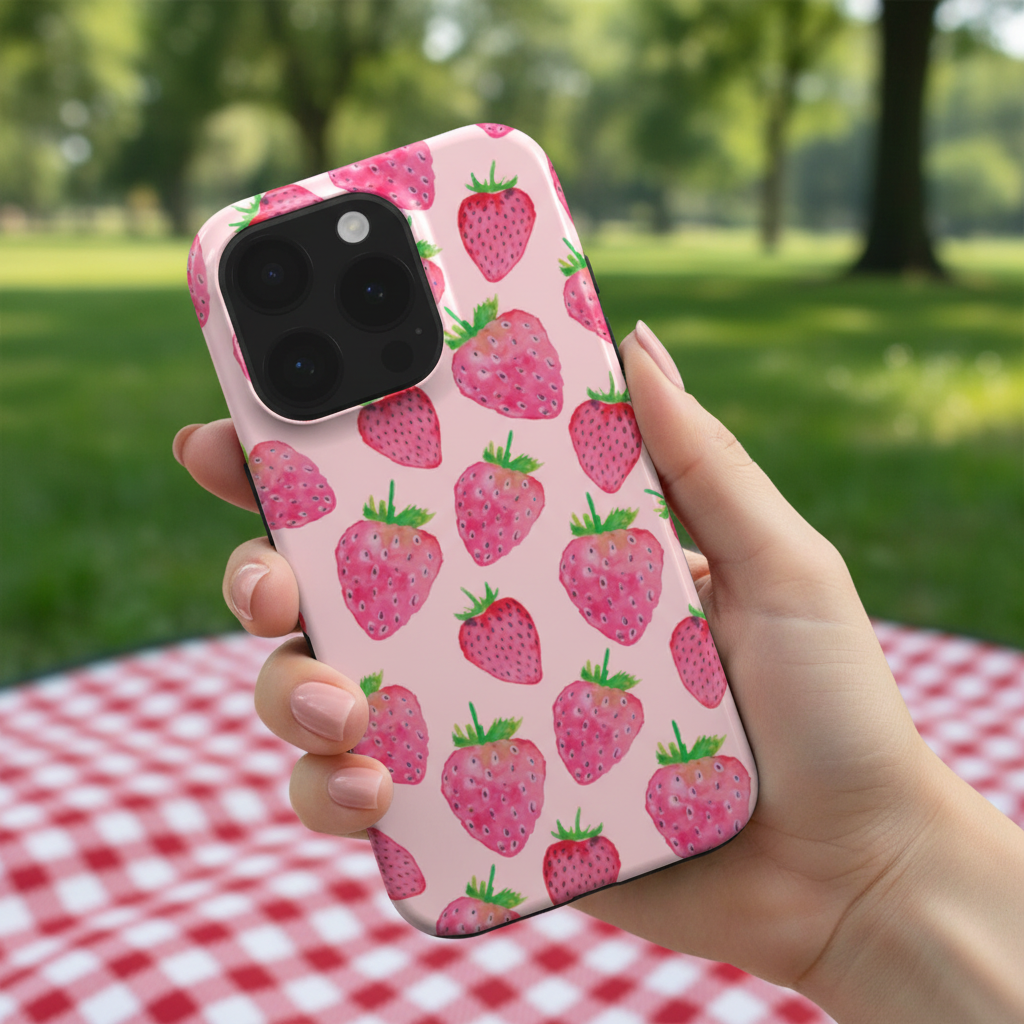 tough Phone case with swatercolour trawberry design