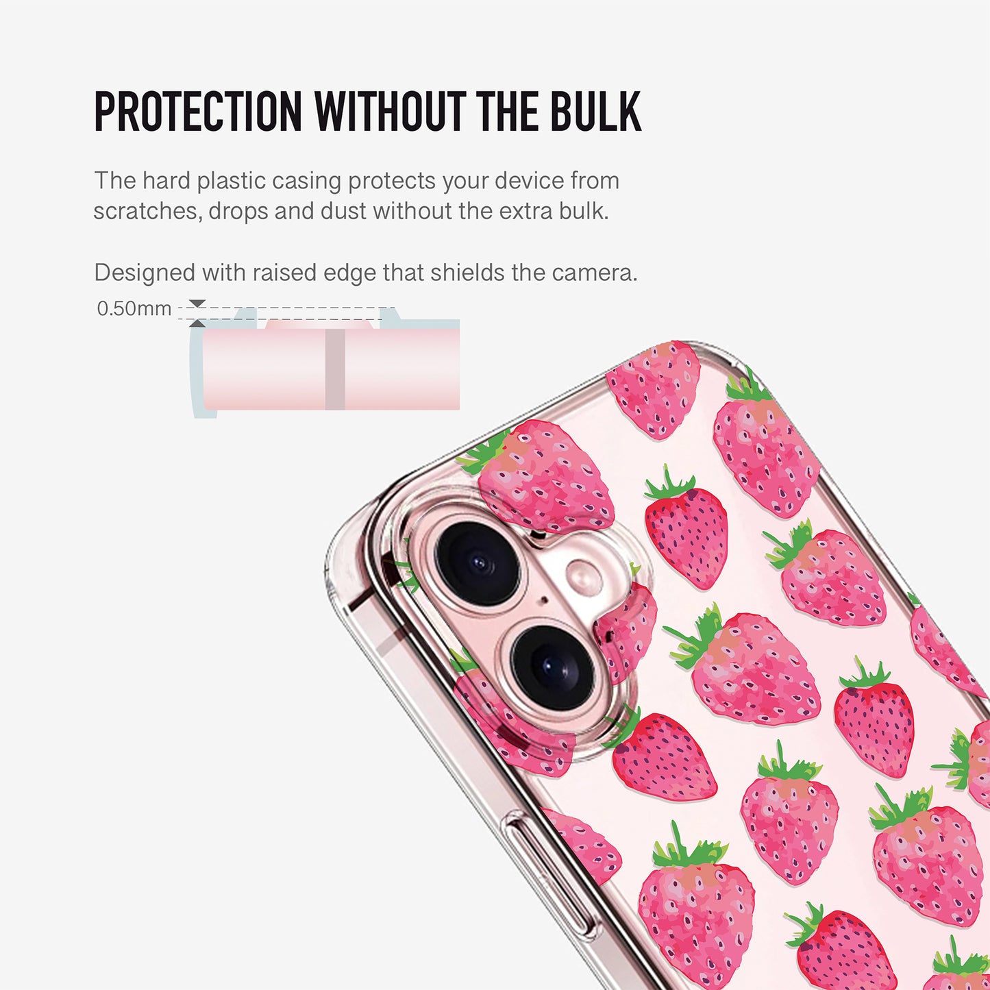 clear strawberry phone case with raised caera edge for extra lens protection