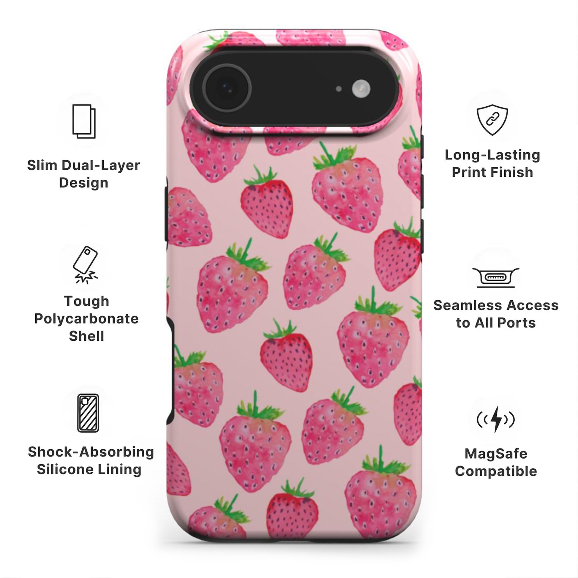 Strawberry Tough Phone Case showing features like dual-layer protection, Scratch-resistant print and easy access to all ports