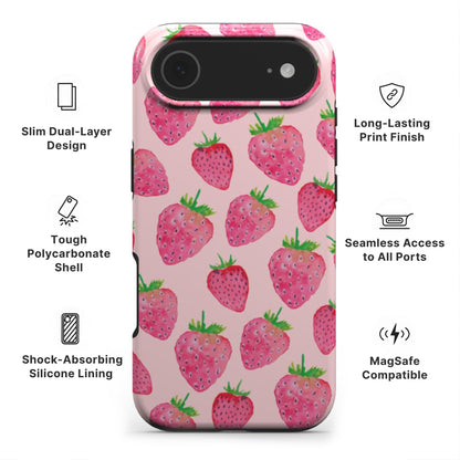 Strawberry Tough Phone Case showing features like dual-layer protection, Scratch-resistant print and easy access to all ports