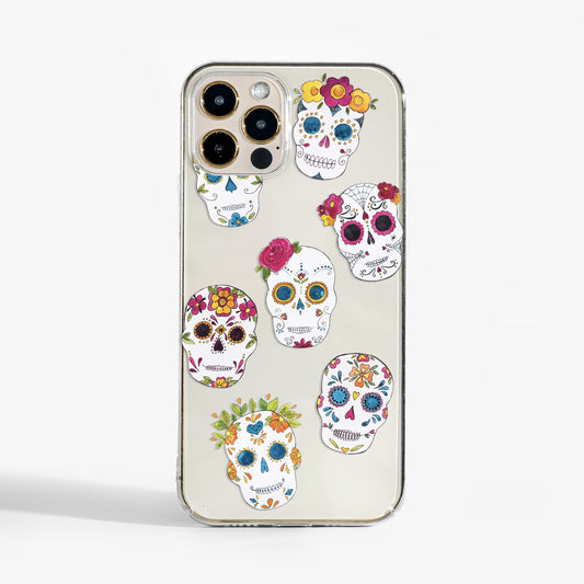 Clear phone case with sugar skulls print — bold, artistic design on a slim, protective shell.