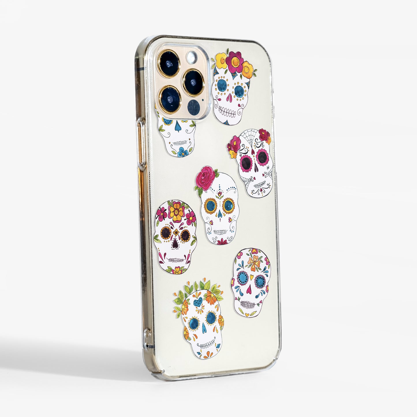 Side view showing the Sugar Skull phone case with clear sides and cute Halloween print