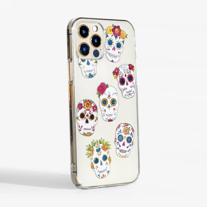 Side view showing the Sugar Skull phone case with clear sides and cute Halloween print