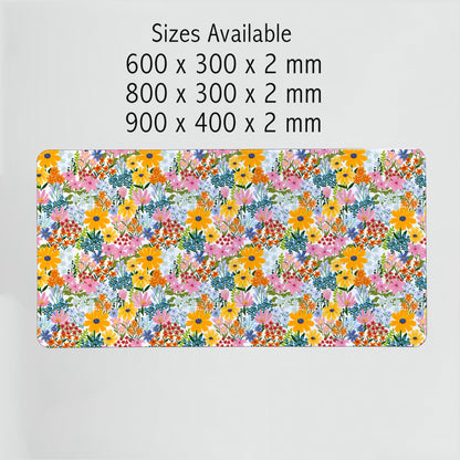 Summer Garden Floral Desk Mat available in 3 sizes — a colorful floral desk pad designed to brighten every workspace.