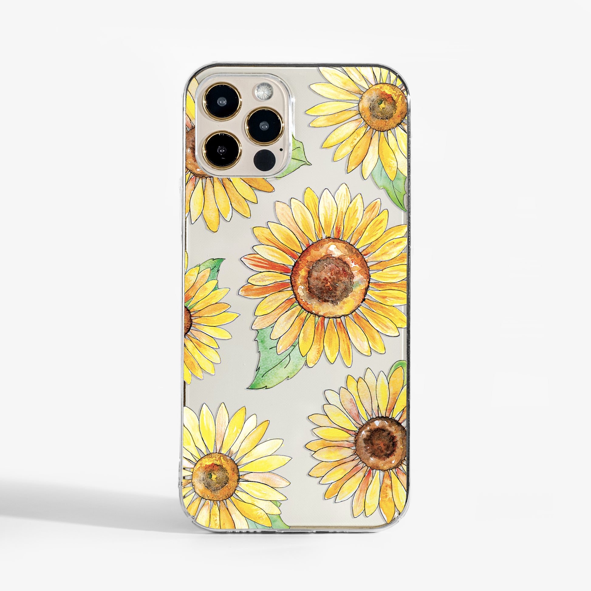 Clear phone case with watercolour Sunflower artwork — bright floral print on a clear, protective shell for iPhone, Google Pixel and Samsung