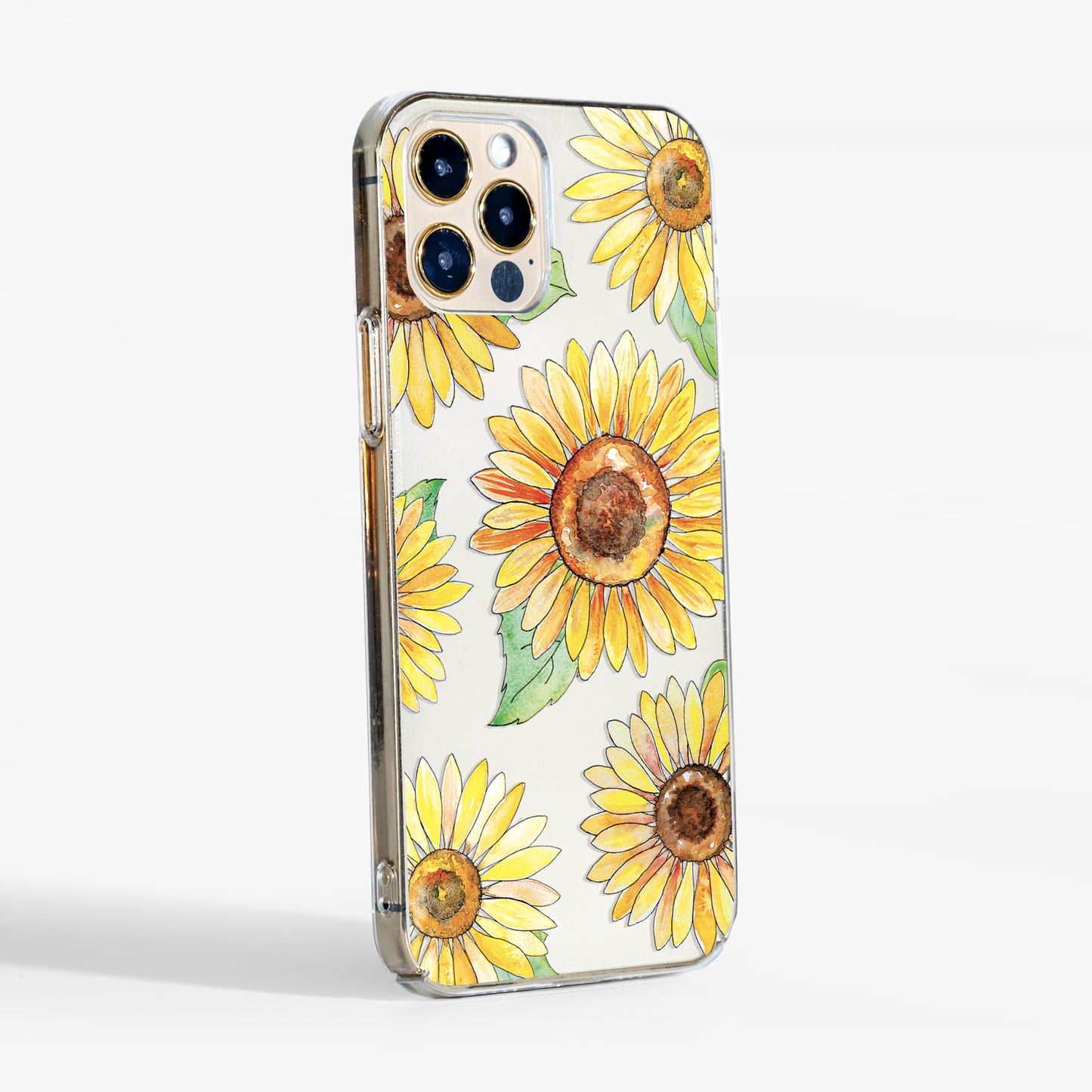 Side view showing transparent sides of the Sunflowers Case — lightweight build and perfect fit