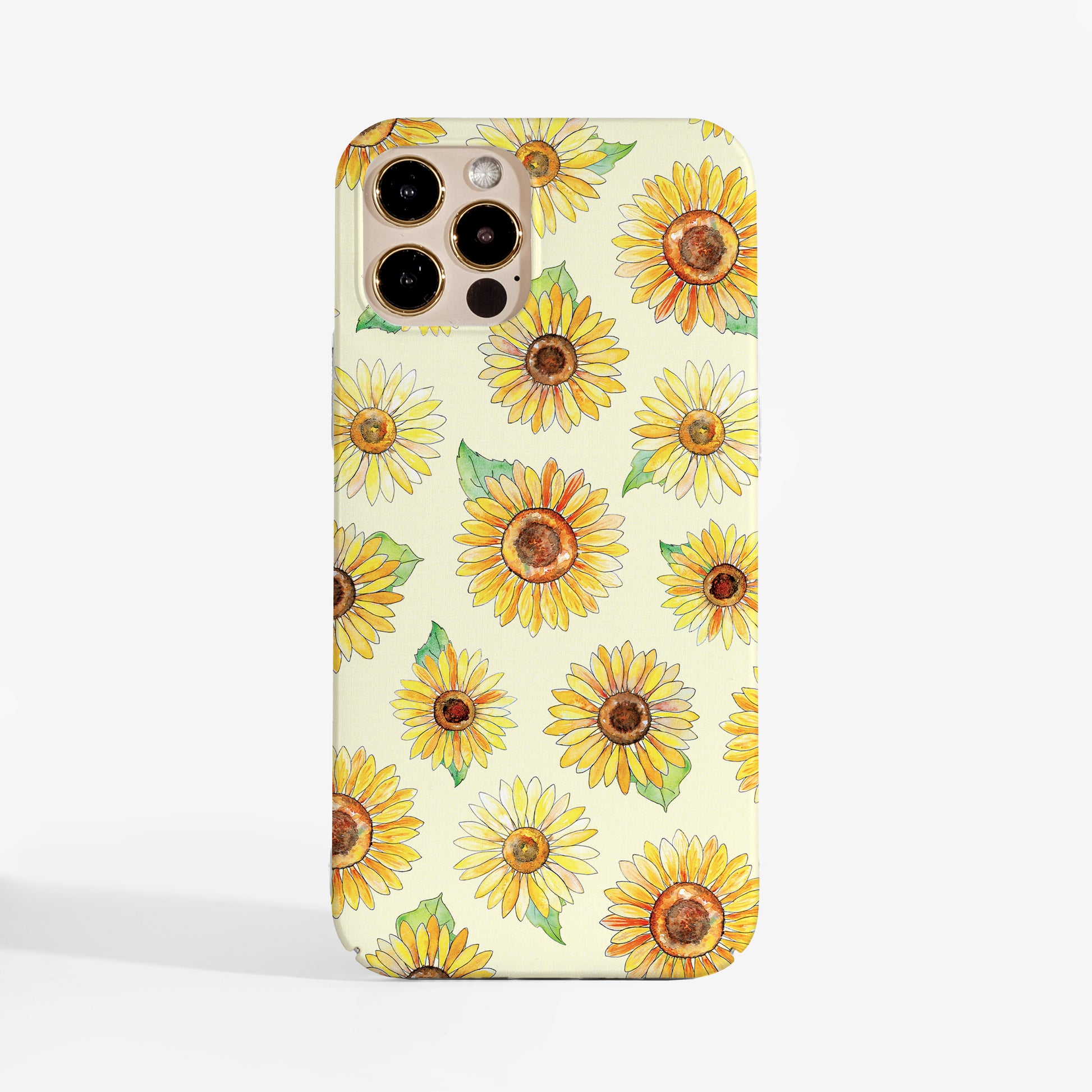 Sunflower phone case with watercolour floral print on a soft yellow background— pretty design with durable protection for iPhone and Samsung.