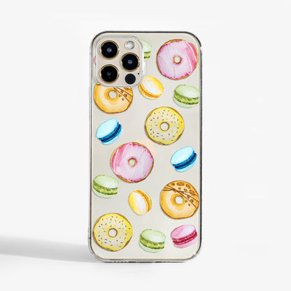Clear phone case with playful sweets watercolour print — a stylish clear phone case with fun design for iPhone, Samsung and Google 