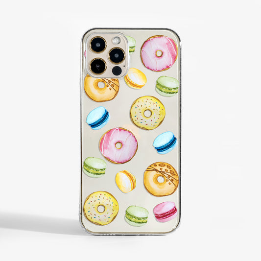 Clear phone case with playful sweets watercolour print — a stylish clear phone case with fun design for iPhone, Samsung and Google 