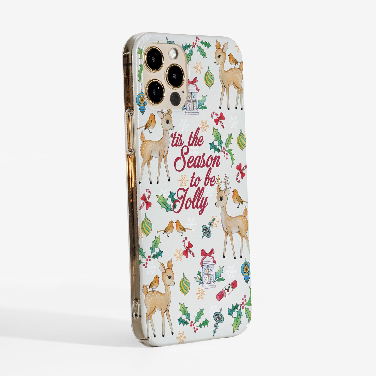 Cute Christmas Phone case featuring watercolour design and festive text on a white background, with full back print and clear sides for a minimal look