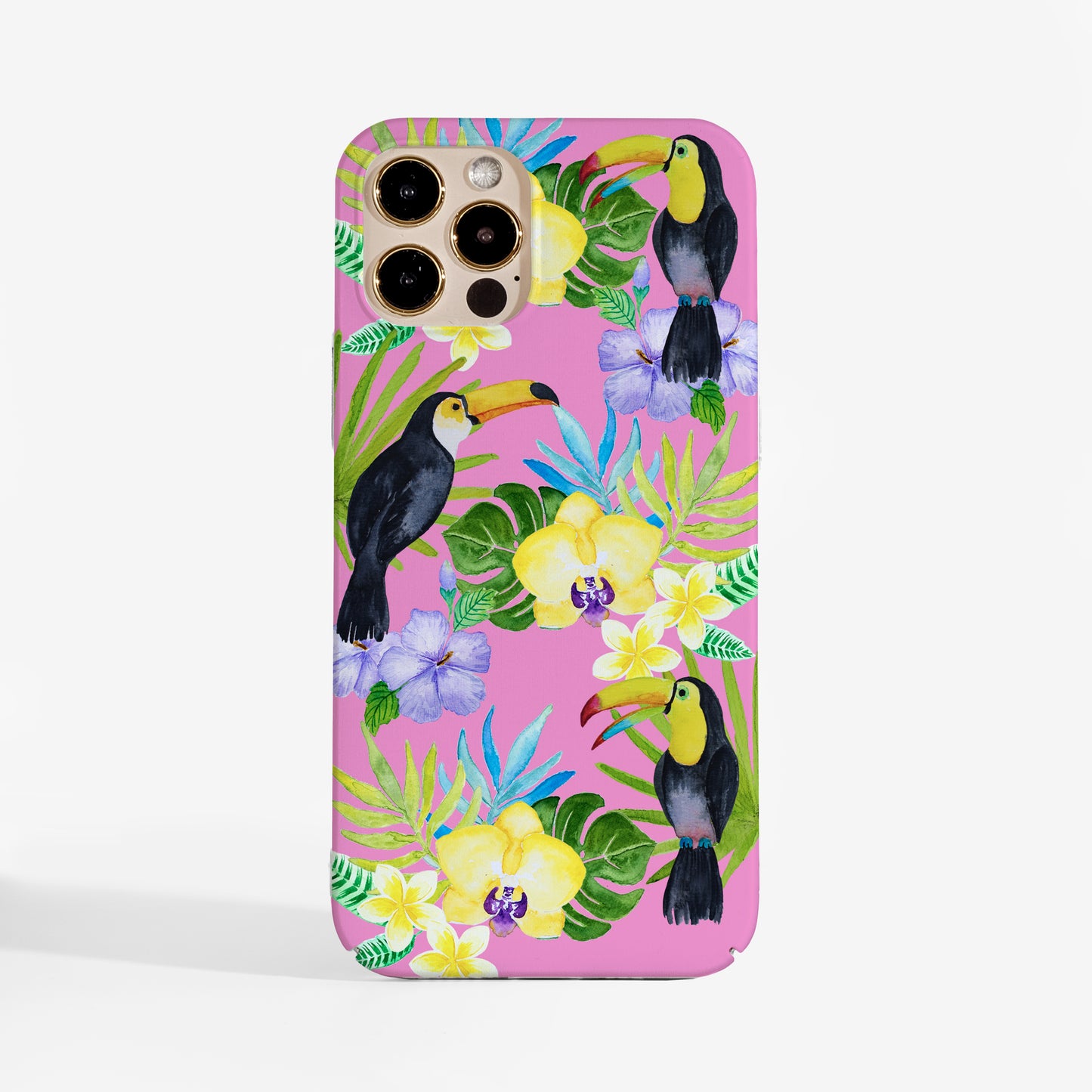 Toucan Birds phone case — a cute phone case for women featuring tropical watercolour toucans on soft pink background with smooth matte print finish
