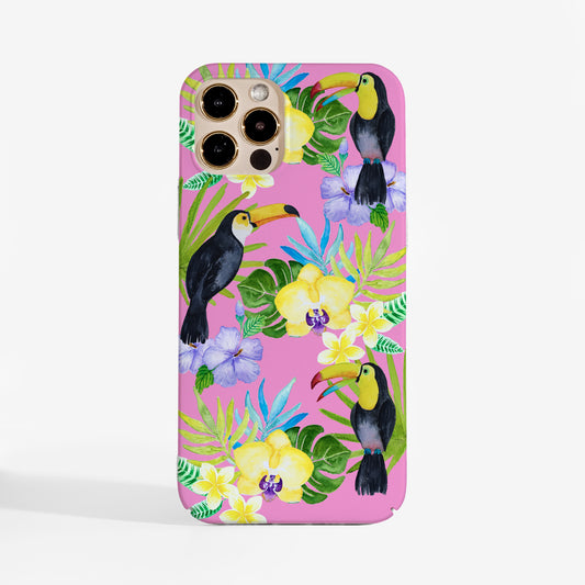 Toucan Birds phone case — a cute phone case for women featuring tropical watercolour toucans on soft pink background with smooth matte print finish