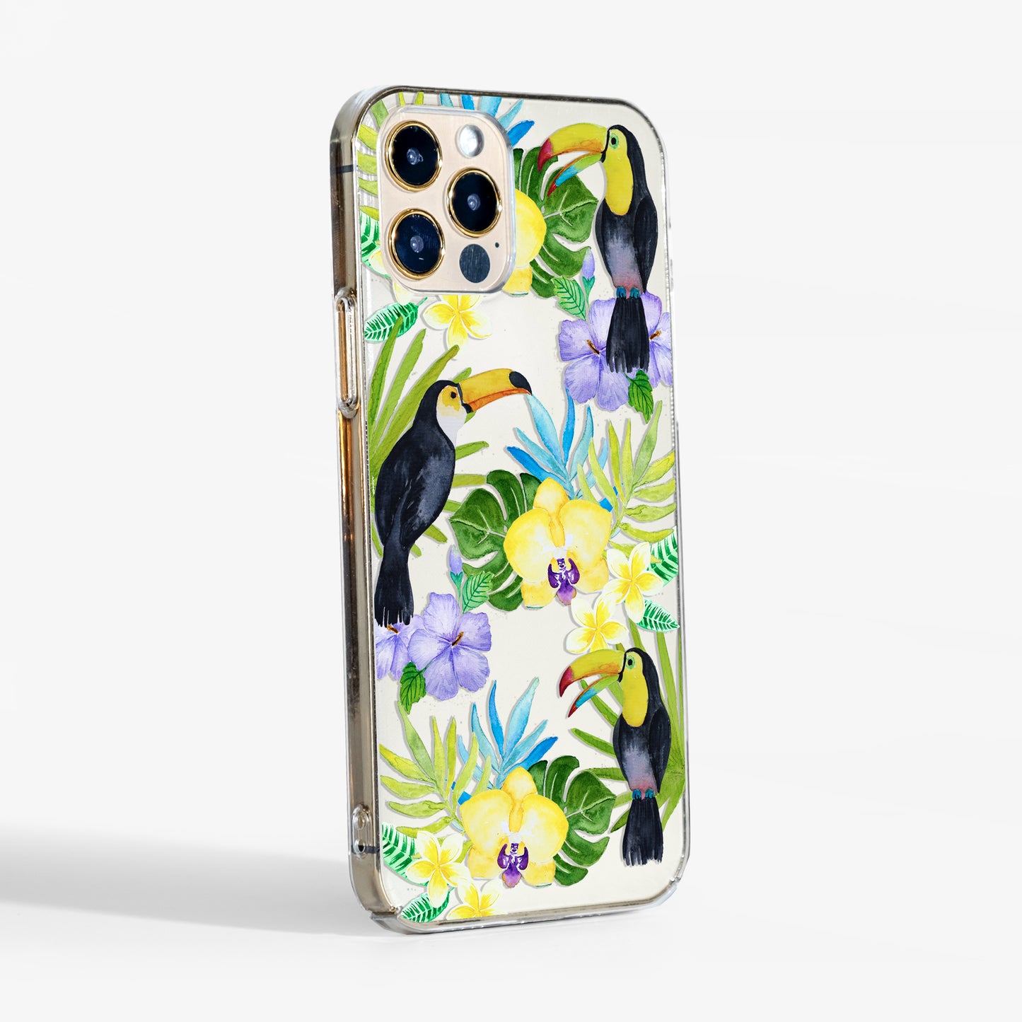 Side view of Toucan Birds Clear Phone Case showing durable slim build and clear sides