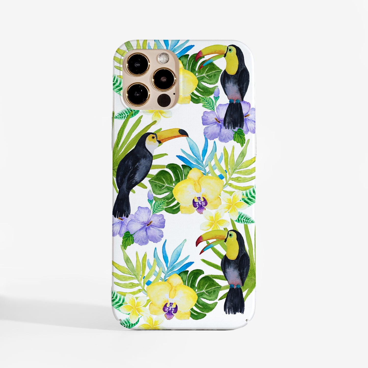 Pretty Phone case with watercolour toucans and floral design on a white background for iPhone, Samsung and Google 
