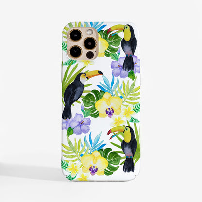 Pretty Phone case with watercolour toucans and floral design on a white background for iPhone, Samsung and Google 