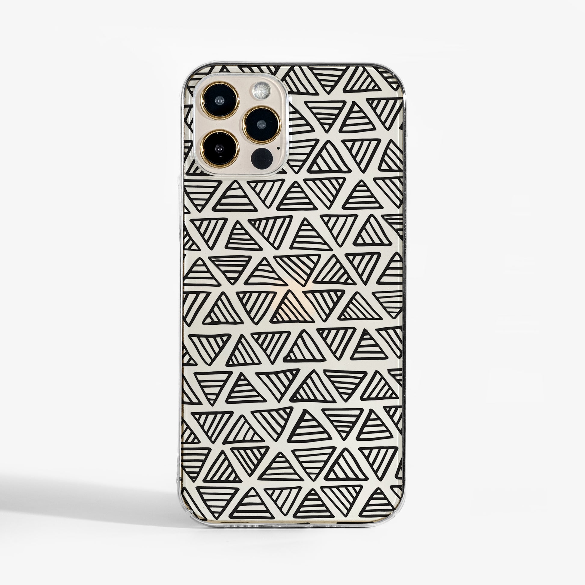 Phone case with fun black geometric triangle pattern on a clear background for iPhone, Samsung and Google 