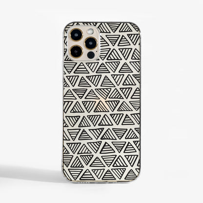 Phone case with fun black geometric triangle pattern on a clear background for iPhone, Samsung and Google 