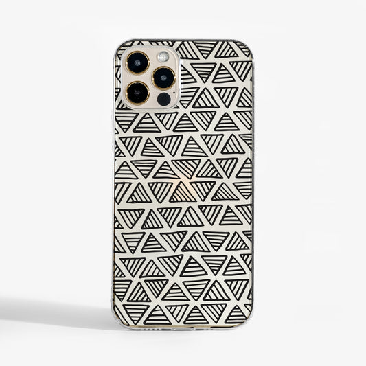 Phone case with fun black geometric triangle pattern on a clear background for iPhone, Samsung and Google 