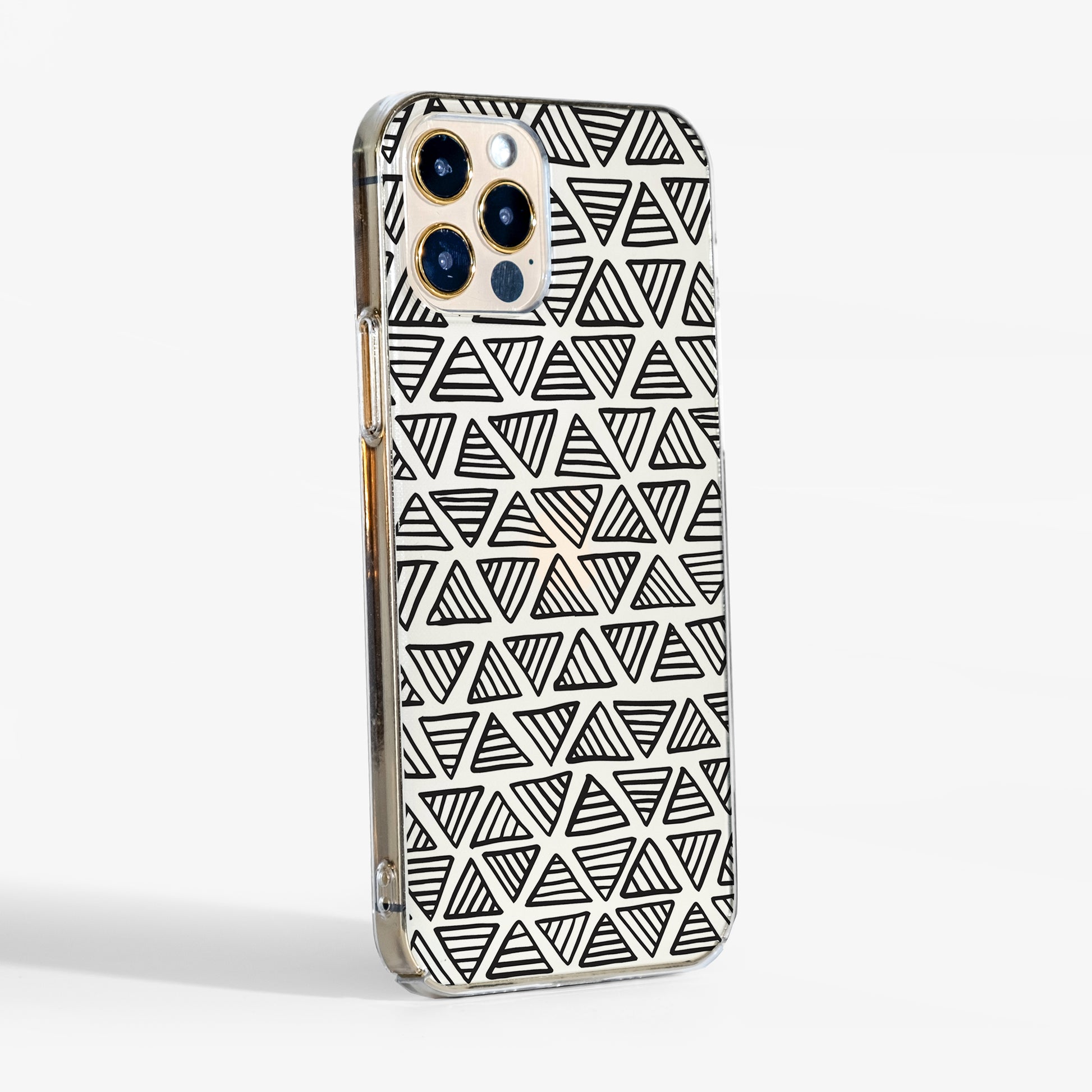 Side View of Clear Phone case with black geometric triangle pattern highlighting transparent sides 