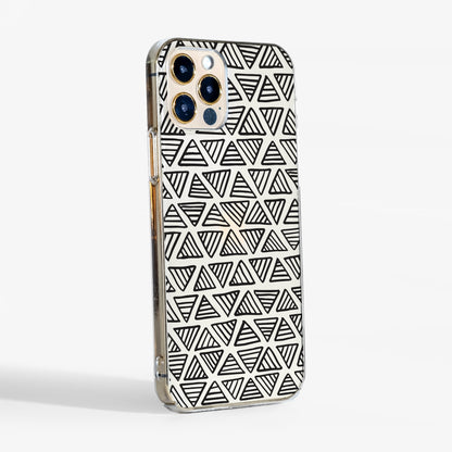 Side View of Clear Phone case with black geometric triangle pattern highlighting transparent sides 