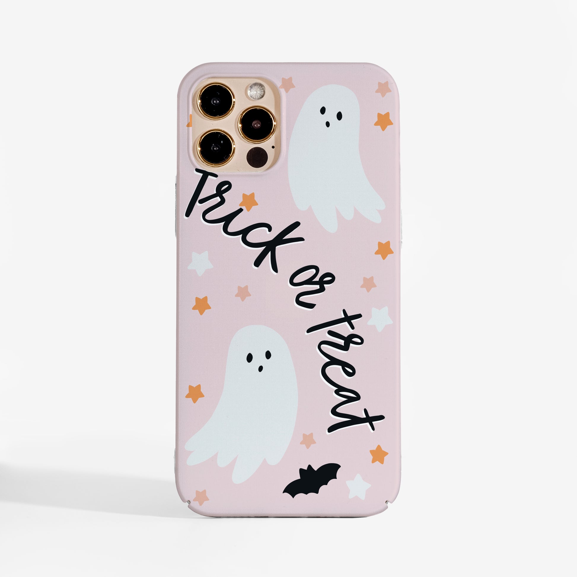 Trick or Treat phone case — cute spooky Halloween phone case design witht two ghosts, soft pink background and 'trick or treat' writing. smooth matte print finish that keeps the artwork scratch-resistant 