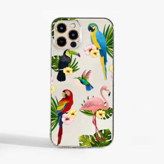 clear Phone case with tropical birds and flowers on a transparent background -A stylish protective phone case for iPhone, Samsung, and Google Pixel.