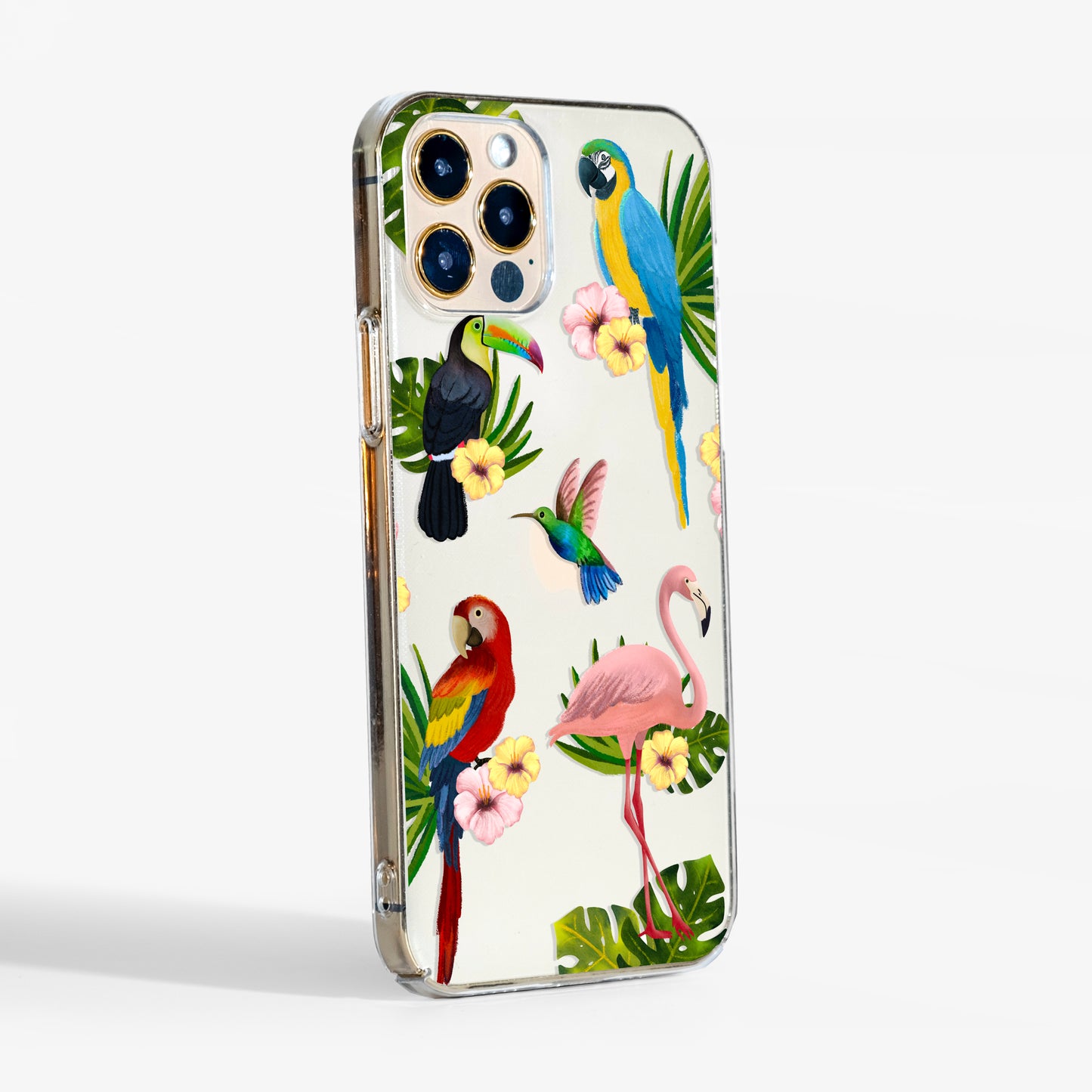 Side view showing tropical birds phone case with clear edges and slim, sturdy cover for daily protection.