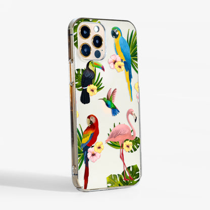 Side view showing tropical birds phone case with clear edges and slim, sturdy cover for daily protection.