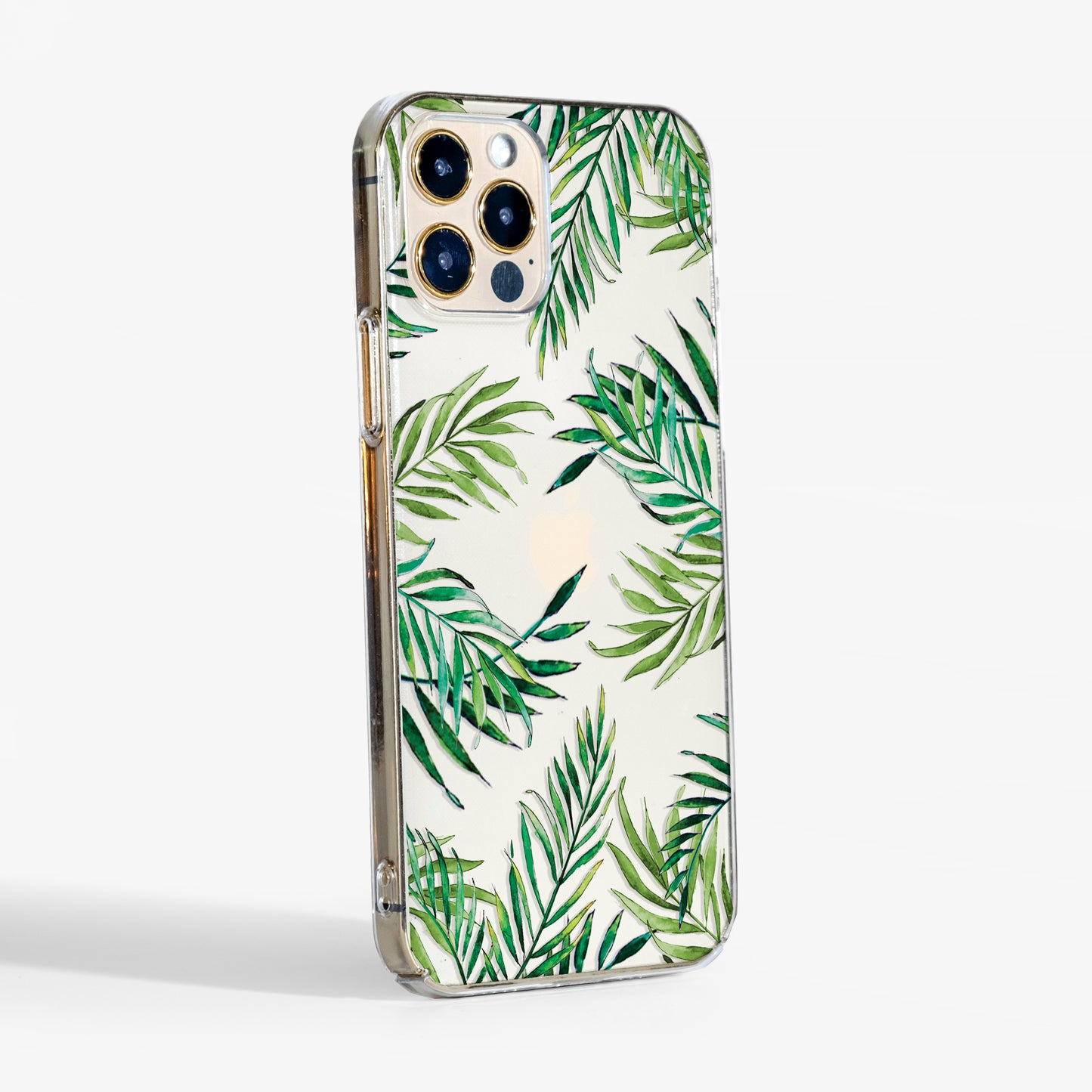Side view of Tropical Leaves clear phone case showing clear edges and lightweight, protective design.