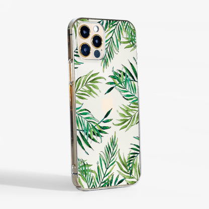 Side view of Tropical Leaves clear phone case showing clear edges and lightweight, protective design.