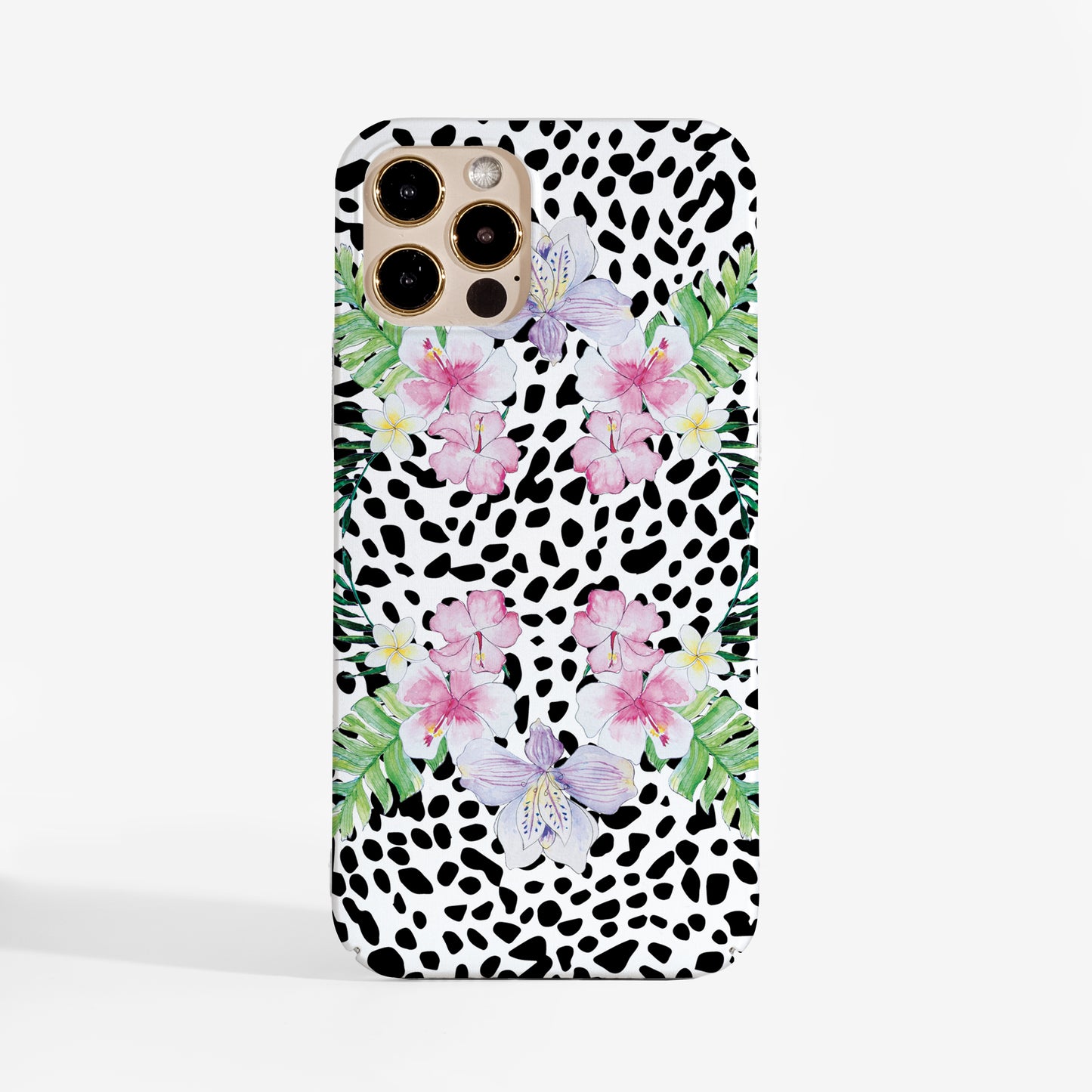 Bold Phone case with black and white spotted pattern and pink watercolour flowers on a white background. Stylish phone cover for iPhone, Samsung, and Google Pixel.