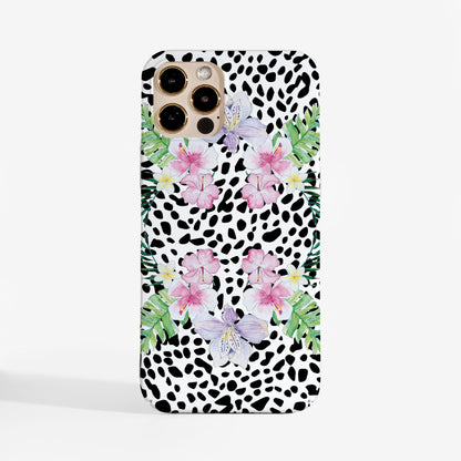 Bold Phone case with black and white spotted pattern and pink watercolour flowers on a white background. Stylish phone cover for iPhone, Samsung, and Google Pixel.