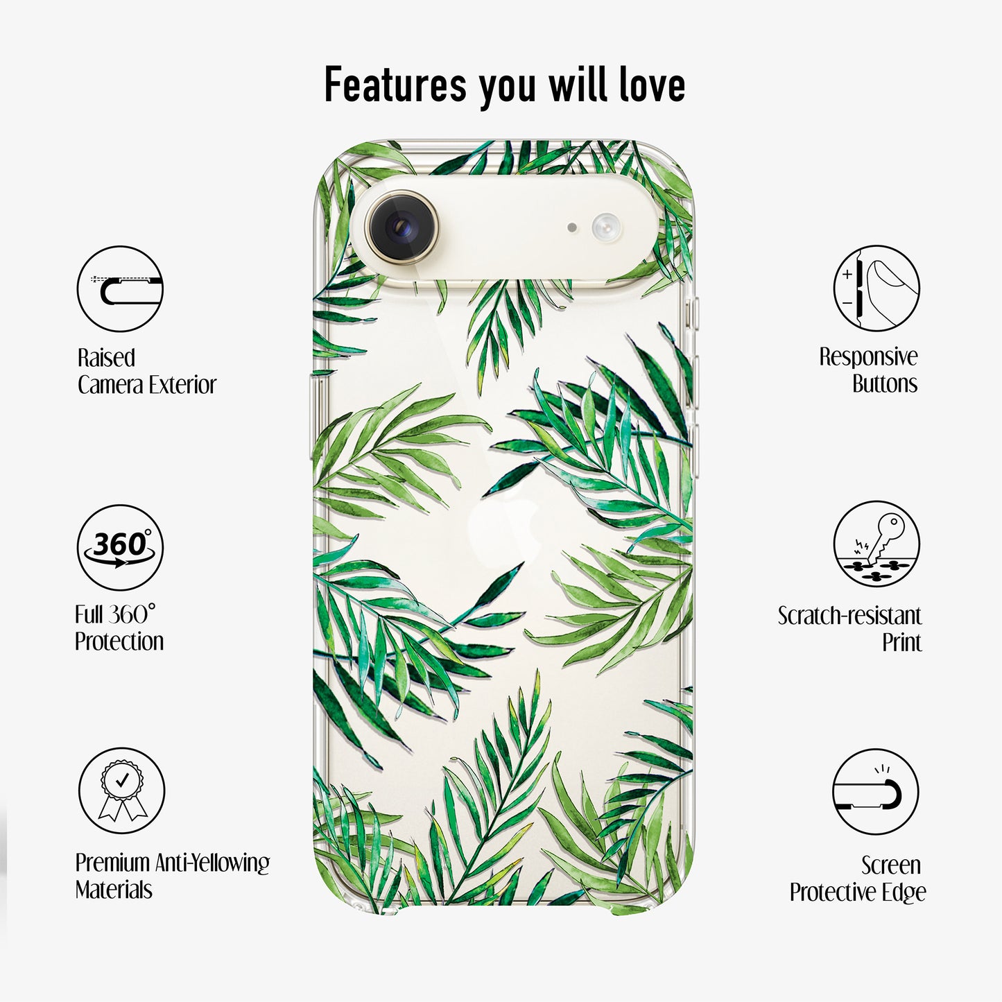 Phone case with tropical leaves showing features like scratch-resistant print, anti-yellow materials and 360 protection featurs. 