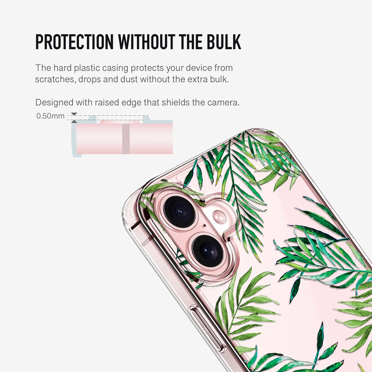 Clear tropical leaves phone case with raised camera edge for extra lens protection