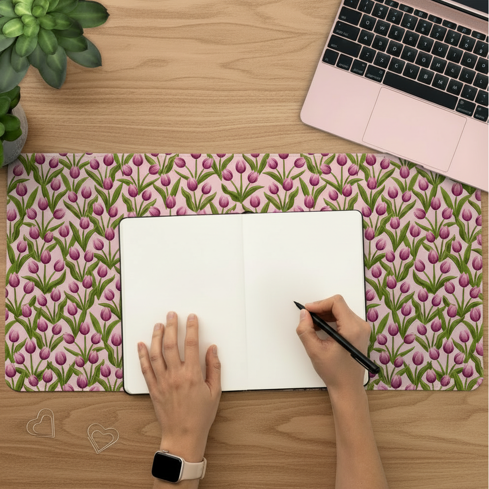 Large Tulip desk mat in use featuring pretty florals on a soft pink background 